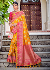 Yellow Orange Zari Woven Designer Banarasi Saree