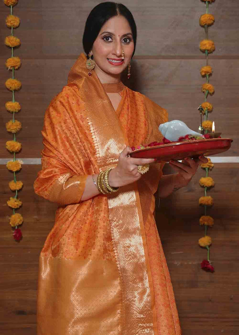 Terracotta Orange Zari Woven Banarasi Soft Silk Saree