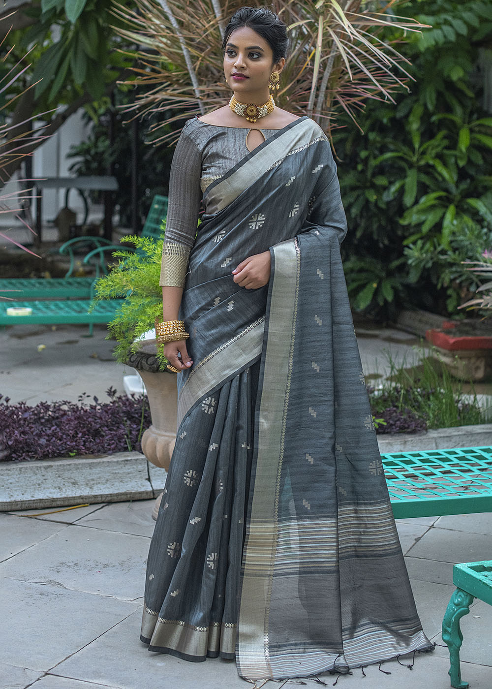 Buy MySilkLove Black Coral Grey Zari Woven Tussar Silk Saree Online