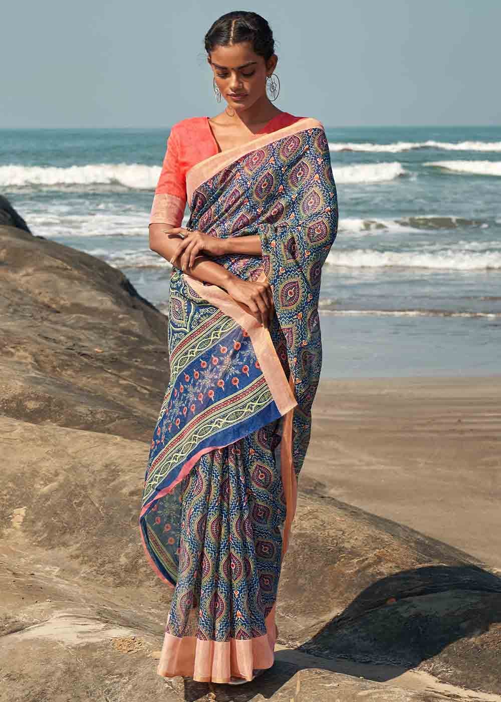 Buy MySilkLove Dolphin Blue and Pink Printed Cotton Saree Online
