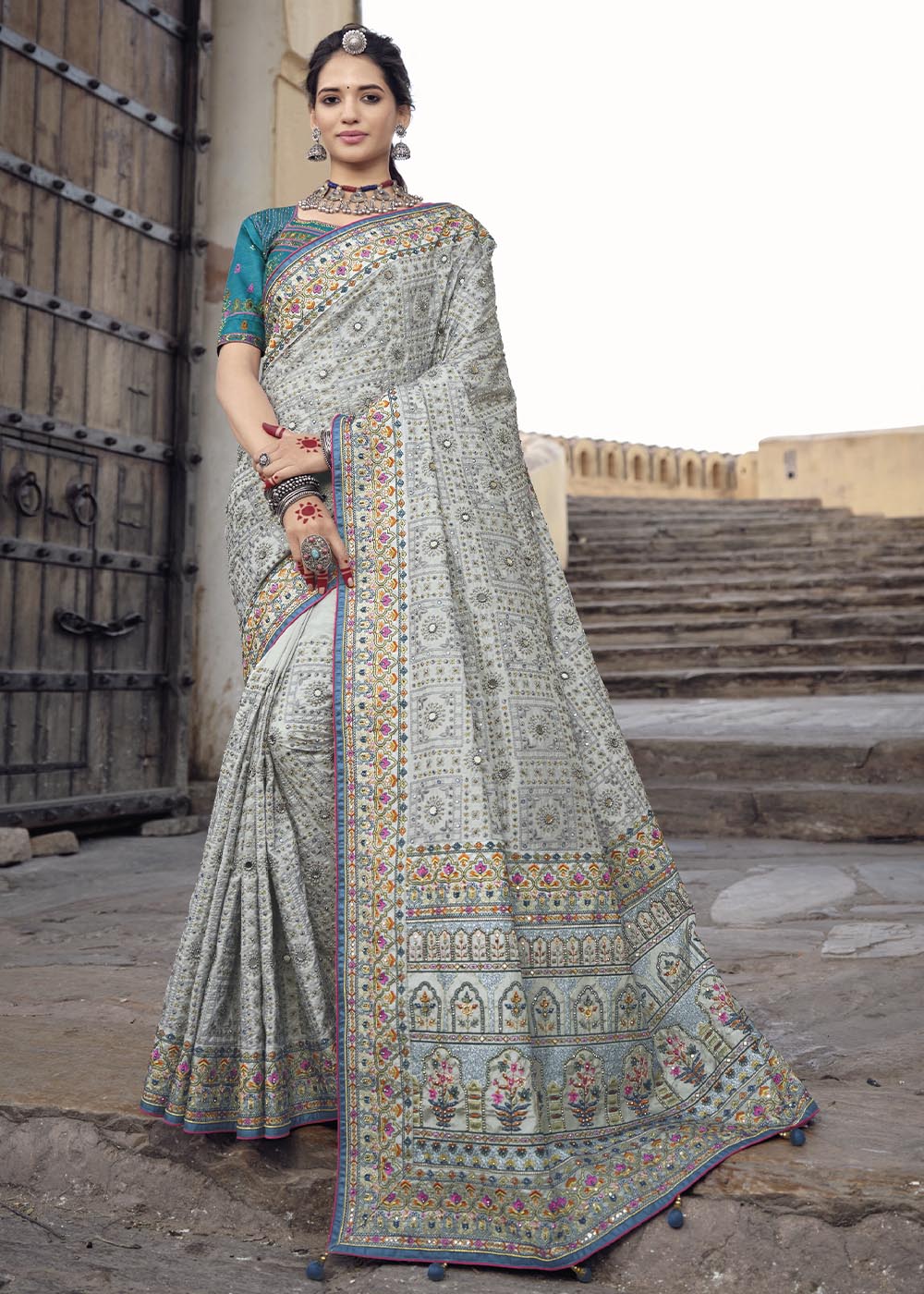 Buy MySilkLove Delta Grey Banarasi Saree with Kachhi,Mirror and Diamond Work Online