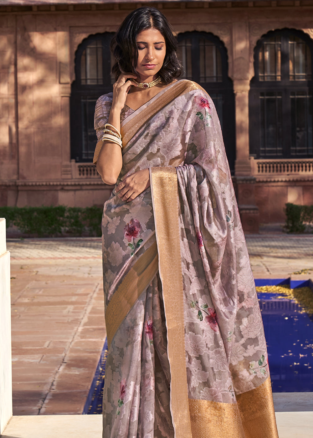 Buy MySilkLove Del Rio Purple Digital Printed Banarasi Cotton Saree Online