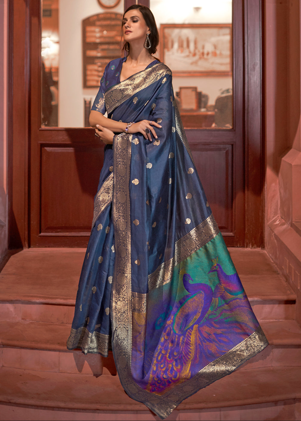 Buy MySilkLove Coral Pearl Blue Zari Woven Banarasi Saree with Peacock Pallu Online