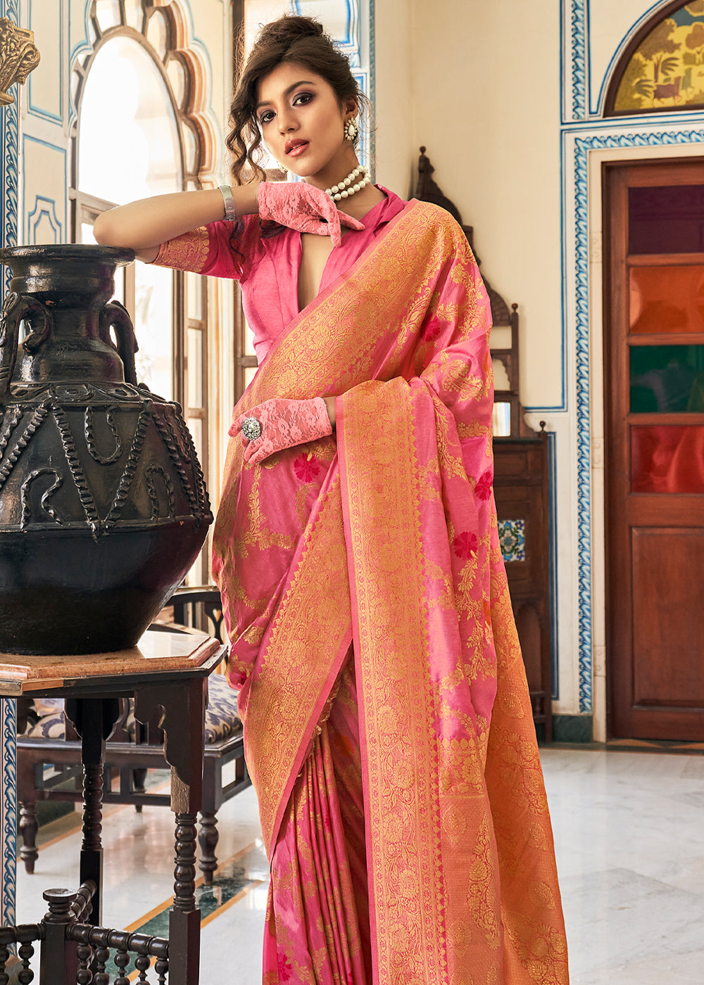 Buy MySilkLove Mandy Pink Zari Woven Dola Silk Saree Online