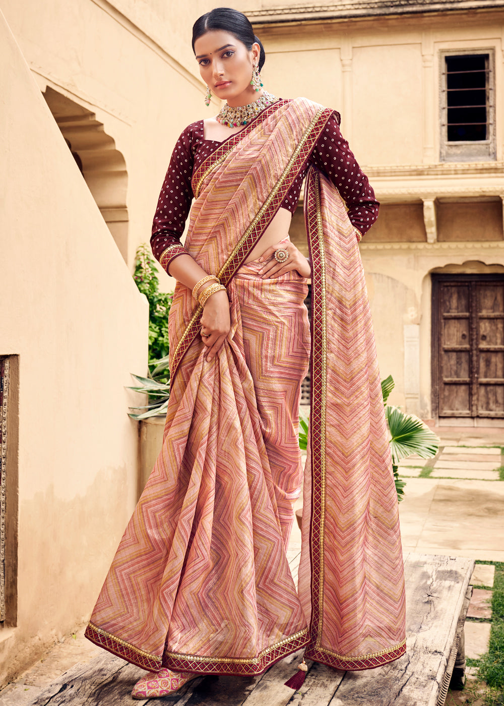 Buy MySilkLove Copper Peach Digital Printed Lehriya Silk Saree Online