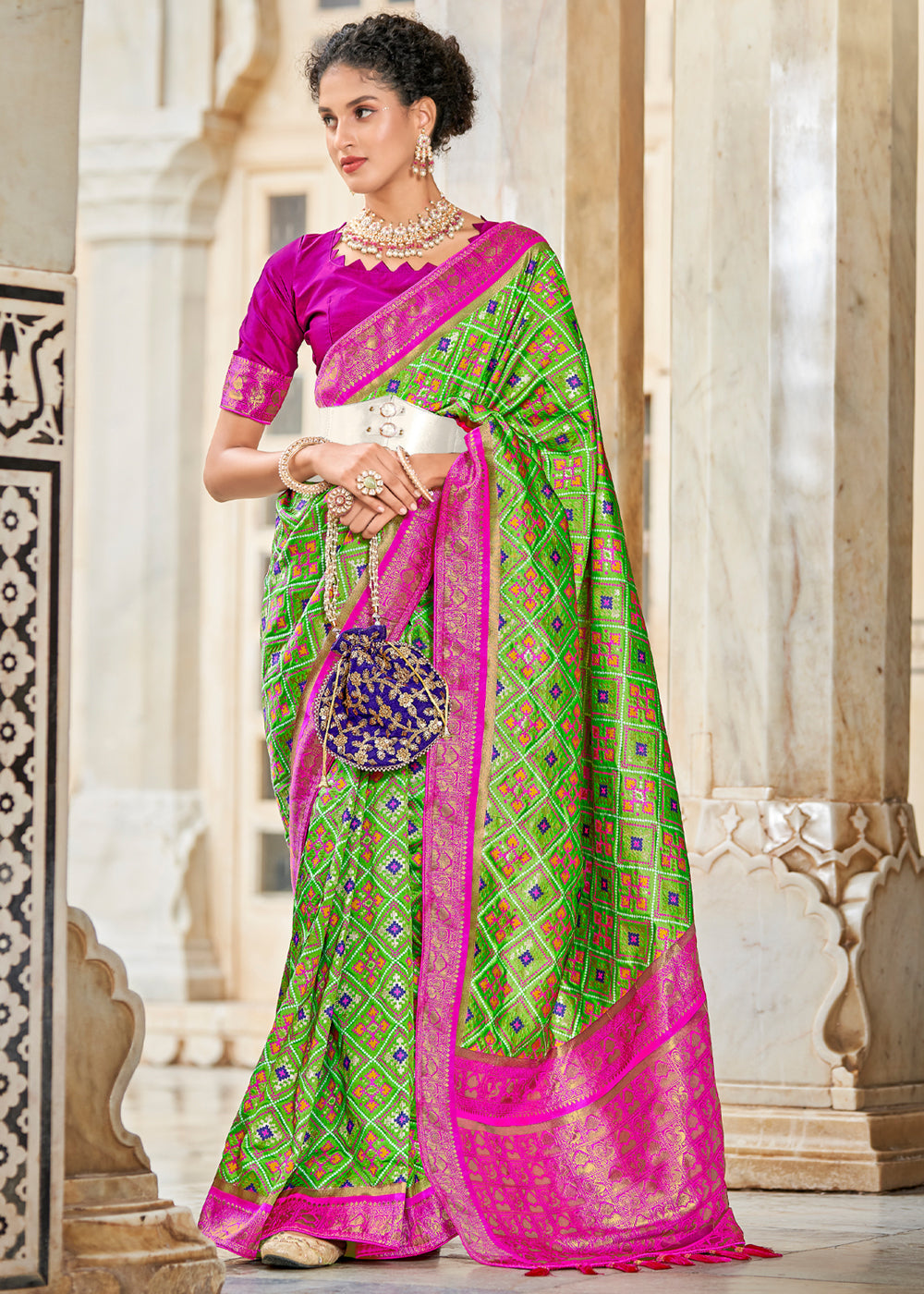 Buy MySilkLove Sushi Green and Pink Zari Woven Patola Saree Online