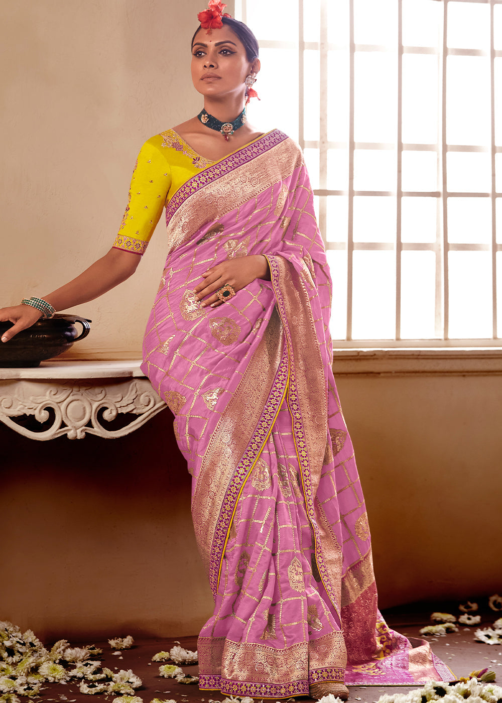 Buy MySilkLove Hopbush Pink and Yellow Banarasi Saree with Designer Blouse Online