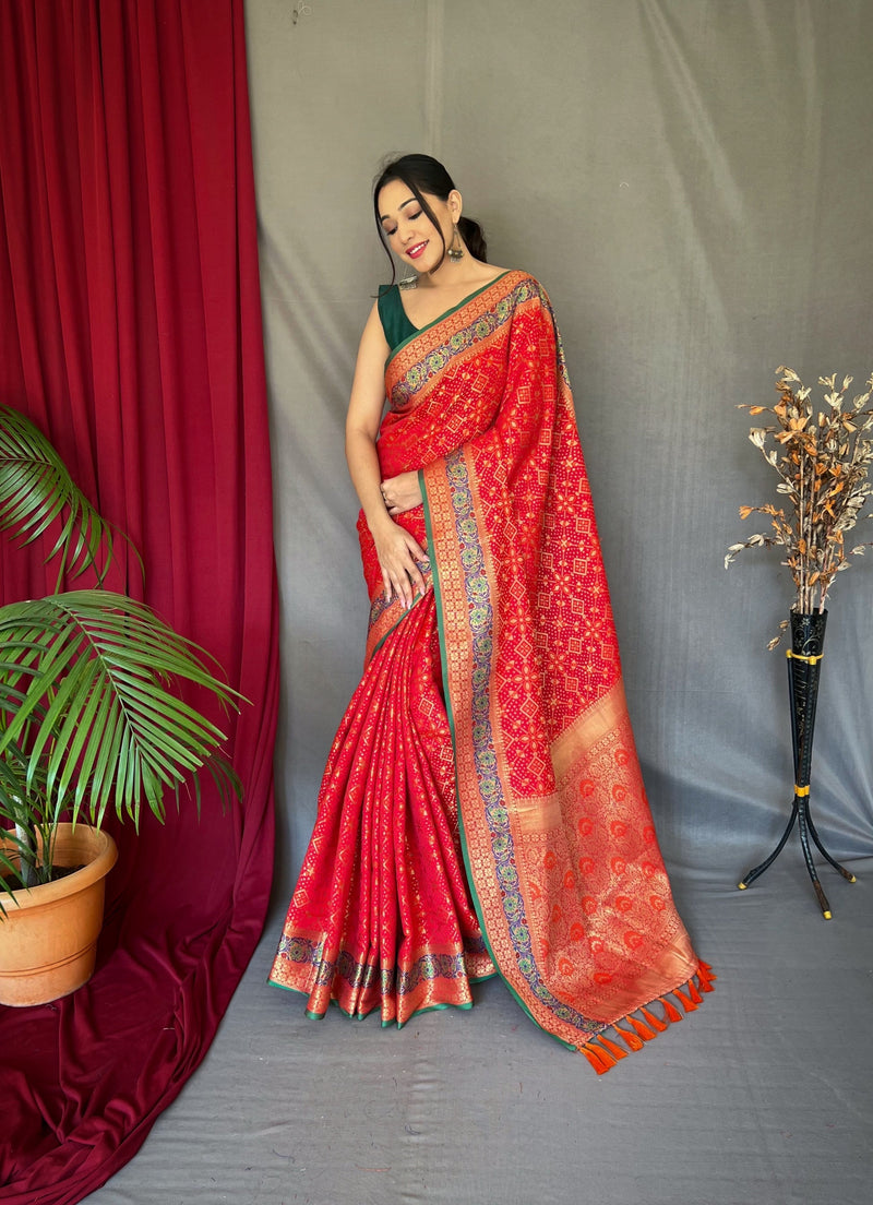 Rose Red Bandhani Modal Silk Saree with Ajrakh Pallu