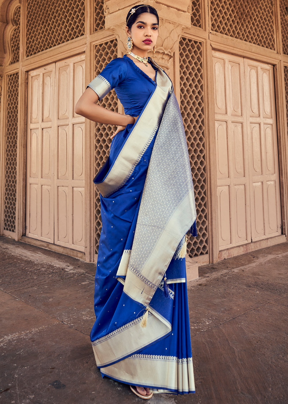 Buy MySilkLove Torea Bay Blue Woven Banarasi Satin Silk Saree Online