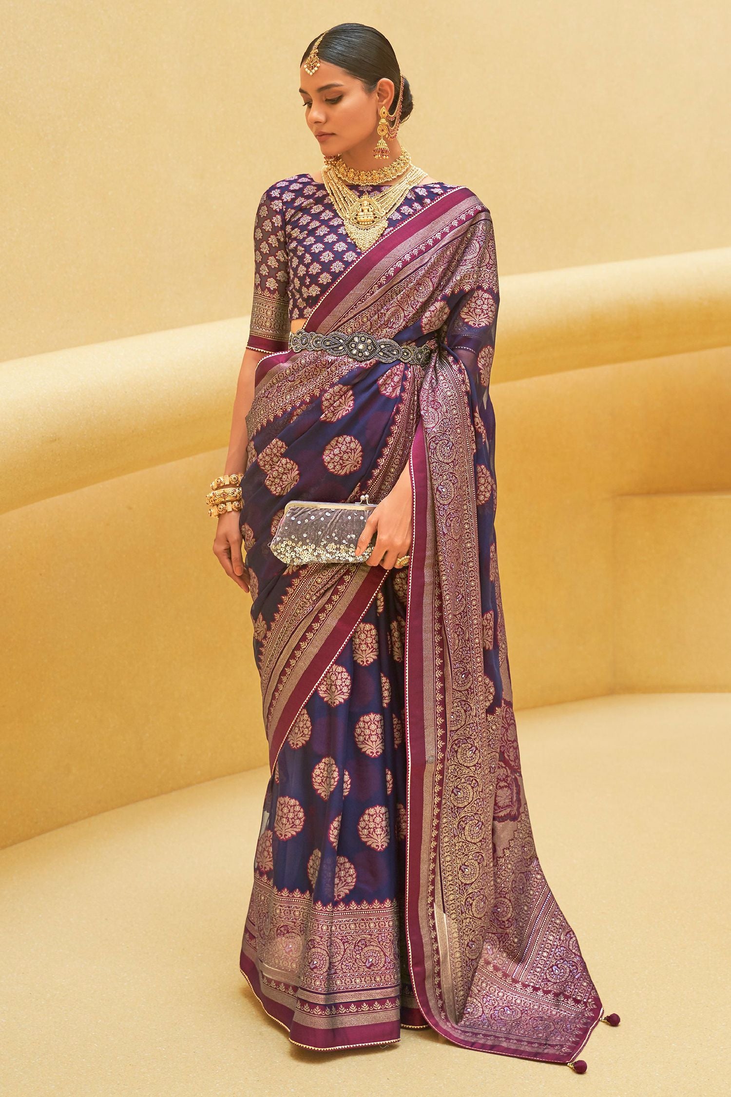 Buy MySilkLove Blackcurrant Purple Zari Woven Brasso Organza Saree Online