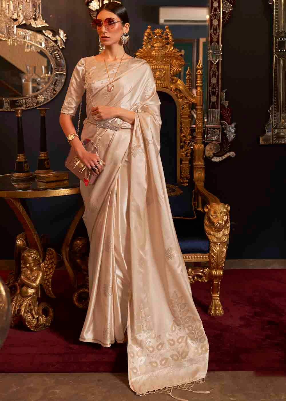 Buy MySilkLove Cameo Cream Zari Woven Banarasi Satin Silk Saree Online