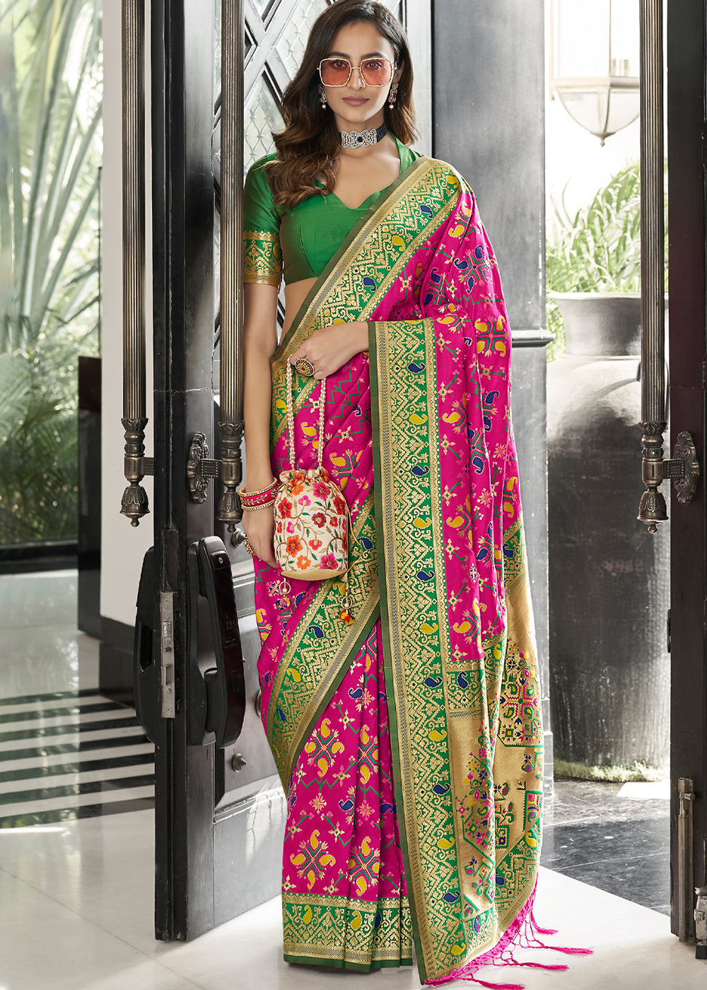 Buy MySilkLove Bittersweet Pink and Green Zari Woven Banarasi Patola Saree Online