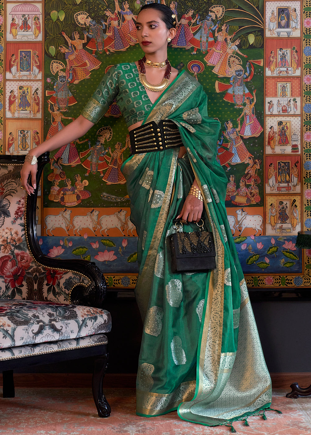 Buy MySilkLove Polished Pine Green Woven Banarasi Organza Silk Saree Online