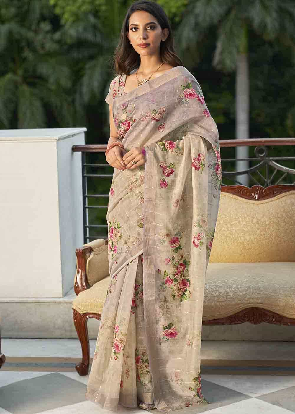 Buy MySilkLove Thatch Light Purple Digital Floral Printed Saree Online