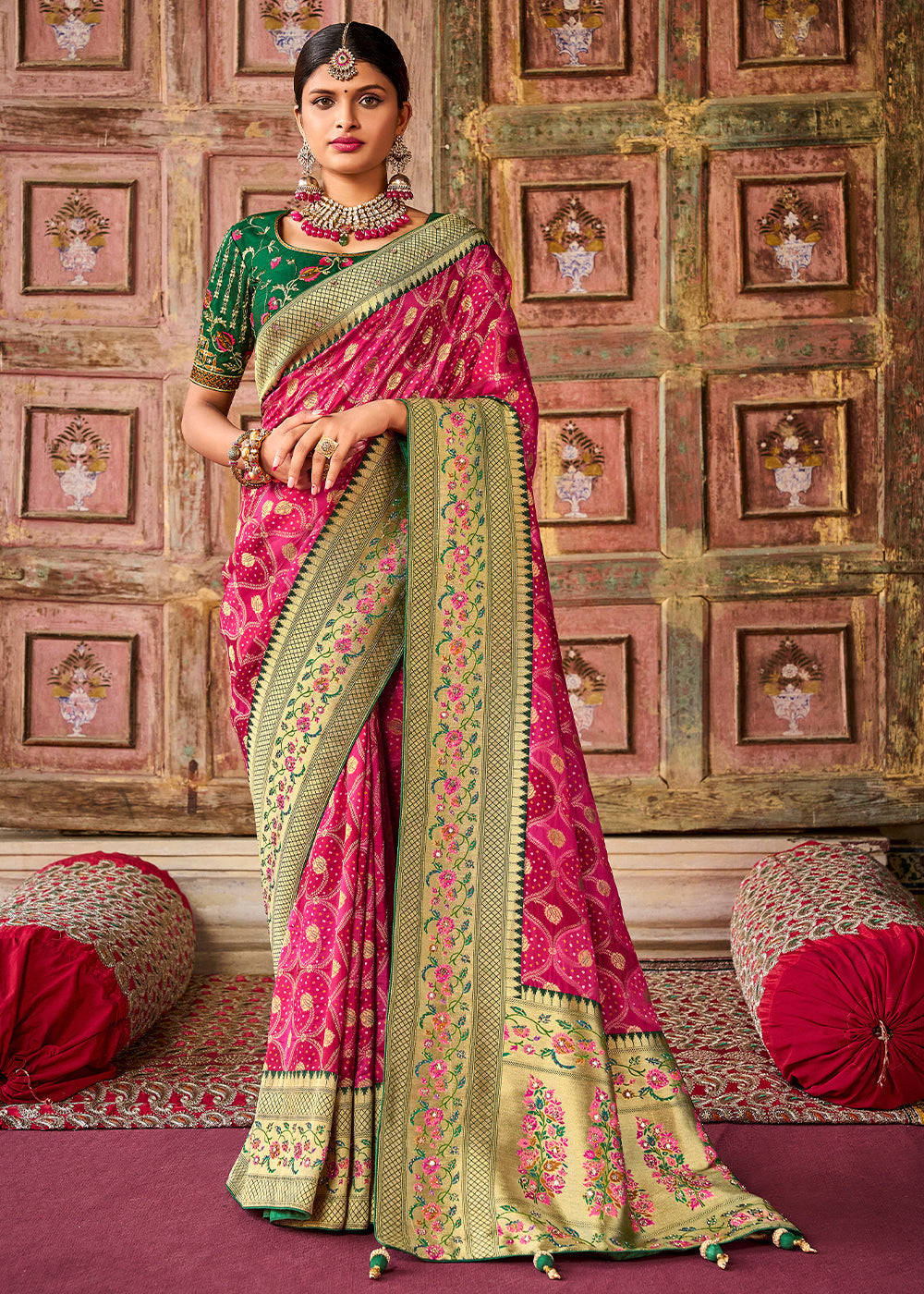 Buy MySilkLove Watermelon Pink and Green Patola Printed Dola Silk Saree With Embroidered Blouse Online