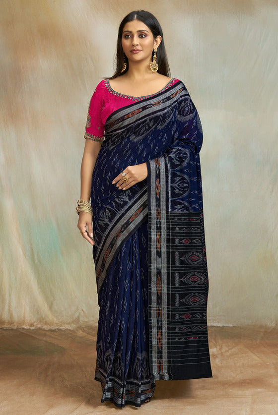 Buy MySilkLove Vulcan Blue and Pink Pochampally Ikkat Cotton Saree Online