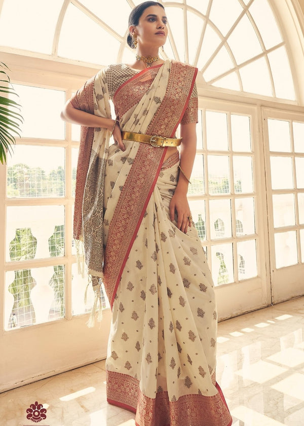 Cameo Off White Tussar Banarasi Silk Saree
