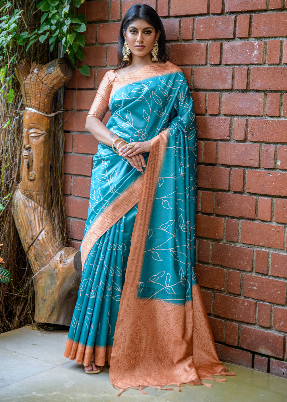 Buy MySilkLove Metallic Seaweed Blue Printed Cotton Silk Saree Online