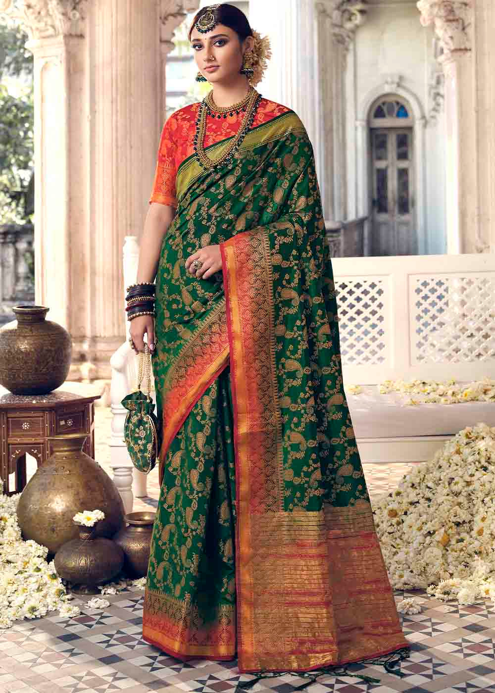 Buy MySilkLove Everglade Green Zari Woven Banarasi Raw Silk Saree Online