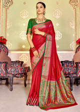 Valencia Red and Green Zari Woven Banarasi Soft Silk Saree