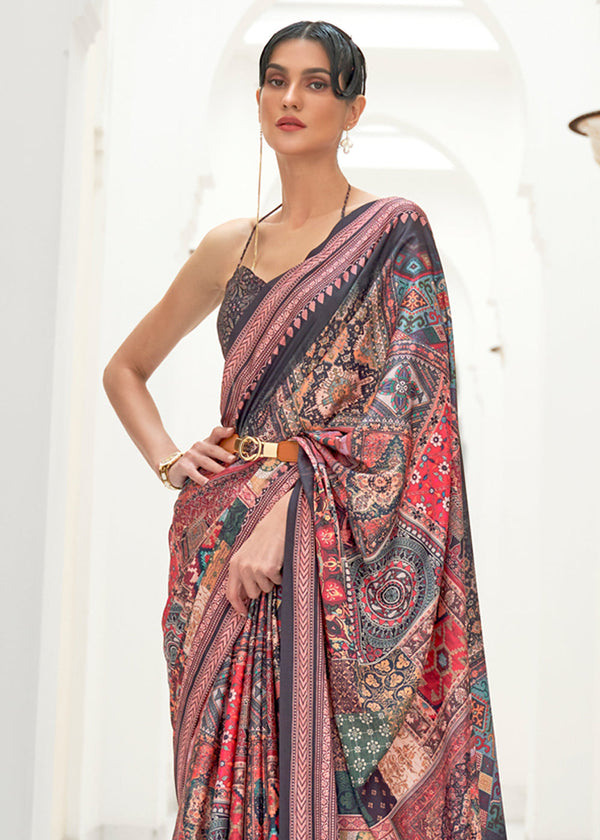Opium Purple and Dark Grey Kalamkari Printed Crepe Saree