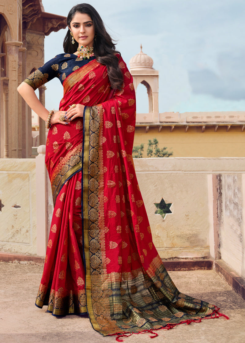 Red Banarasi Pure Khaddi Georgette Saree - Aura Benaras