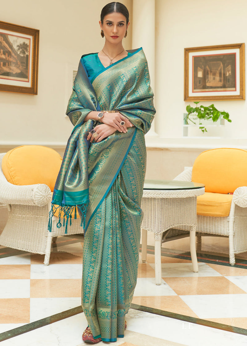 Keppel Bluish Green Zari Woven Kanjivaram Saree