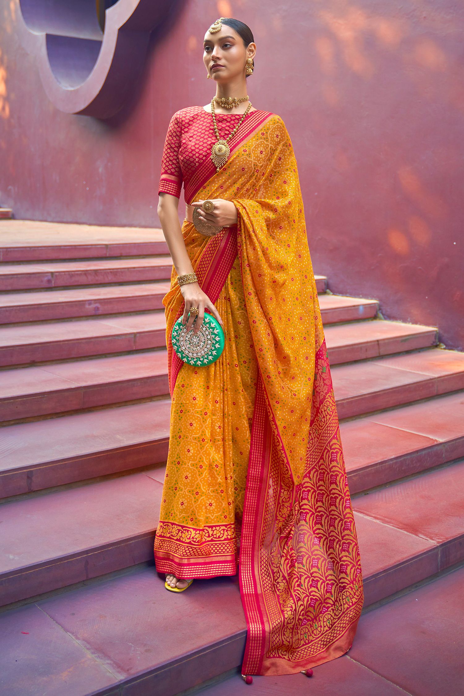 Buy MySilkLove Koromiko Yellow and Red Printed Brasso Saree Online