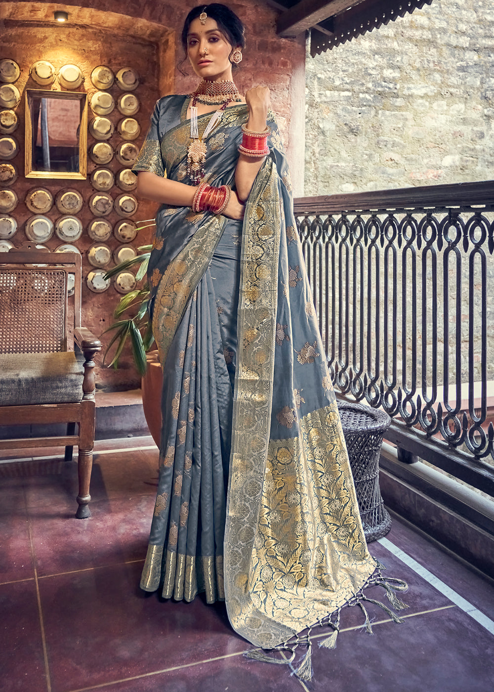 Buy MySilkLove Pale Sky Grey Zari Woven Banarasi Brocade Saree Online