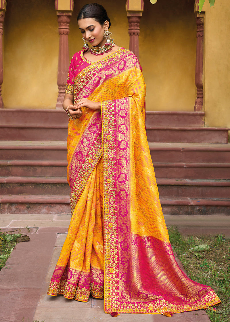 Yellow & Green Dola Silk Saree with Beautiful Embroidery work: Wedding –  Ethnos