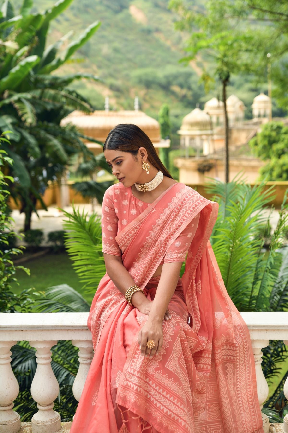 Buy MySilkLove Tacao Peach Lucknowi Cotton Saree Online