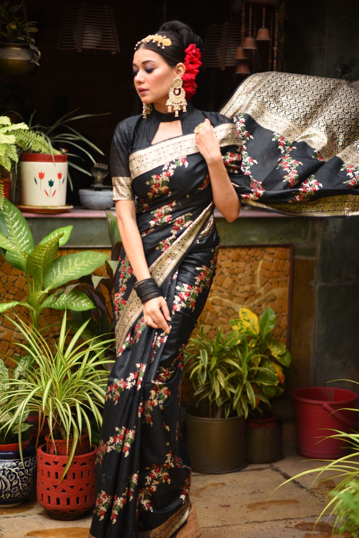 Buy MySilkLove Mine Shaft Black Woven Tussar Silk Saree Online