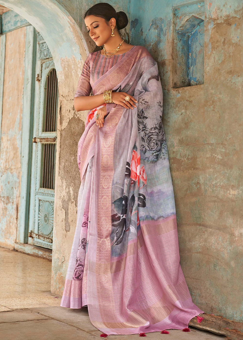 Buy MySilkLove Dawn Grey and Pink  Floral Printed Linen Silk Saree Online