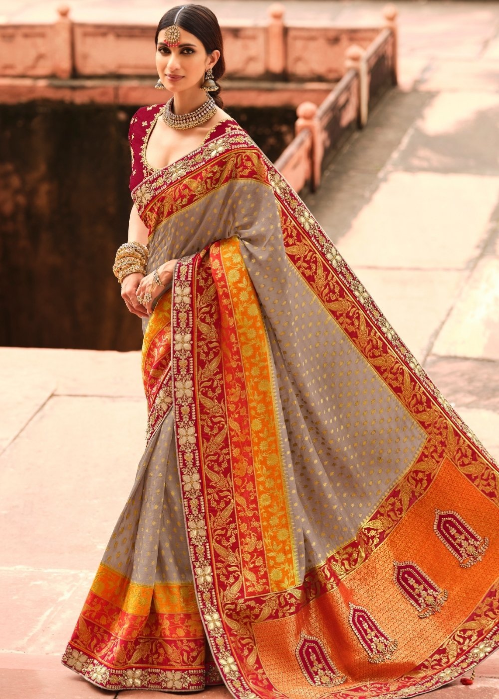 Buy MySilkLove Sandal Grey and Orange Banarasi Saree with Designer Blouse Online