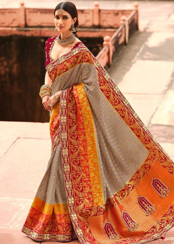 Sandal Grey and Orange Banarasi Saree with Designer Blouse