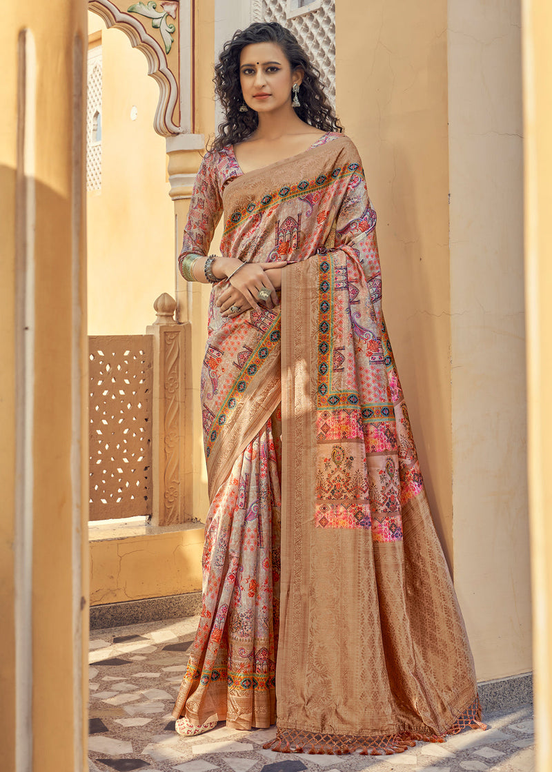 Brass Pink and Brown Digital Printed Jacquard Silk Saree