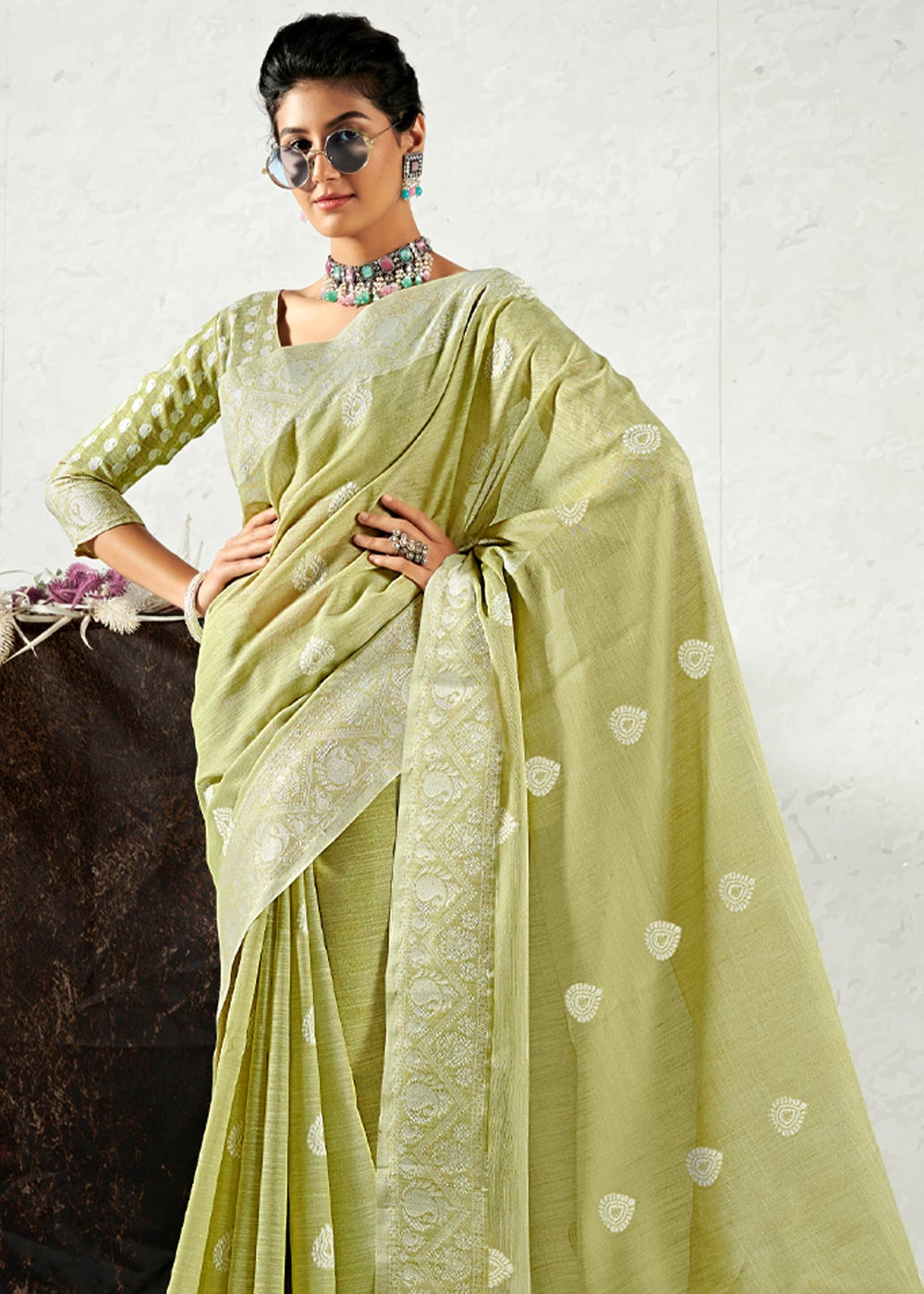 MySilkLove Green Smoke Zari Woven Linen Saree