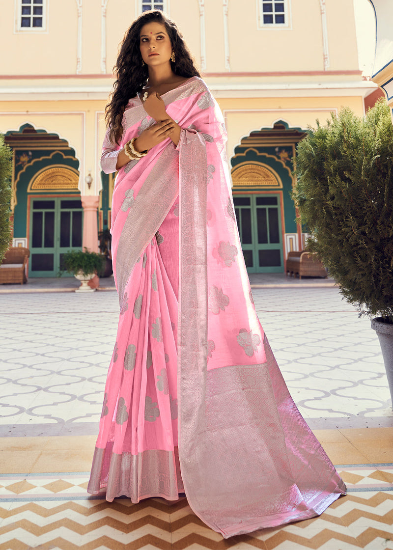 Candy Pink Zari Woven Banarasi Linen Saree