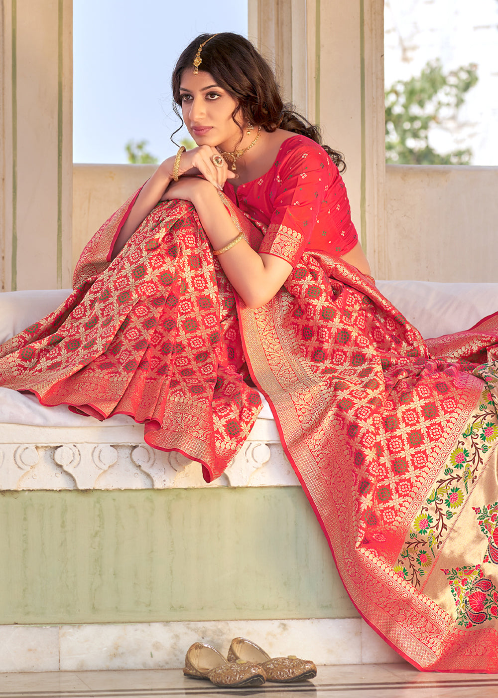 Buy MySilkLove Sunset Red Zari Woven Banarasi Brocade Saree Online