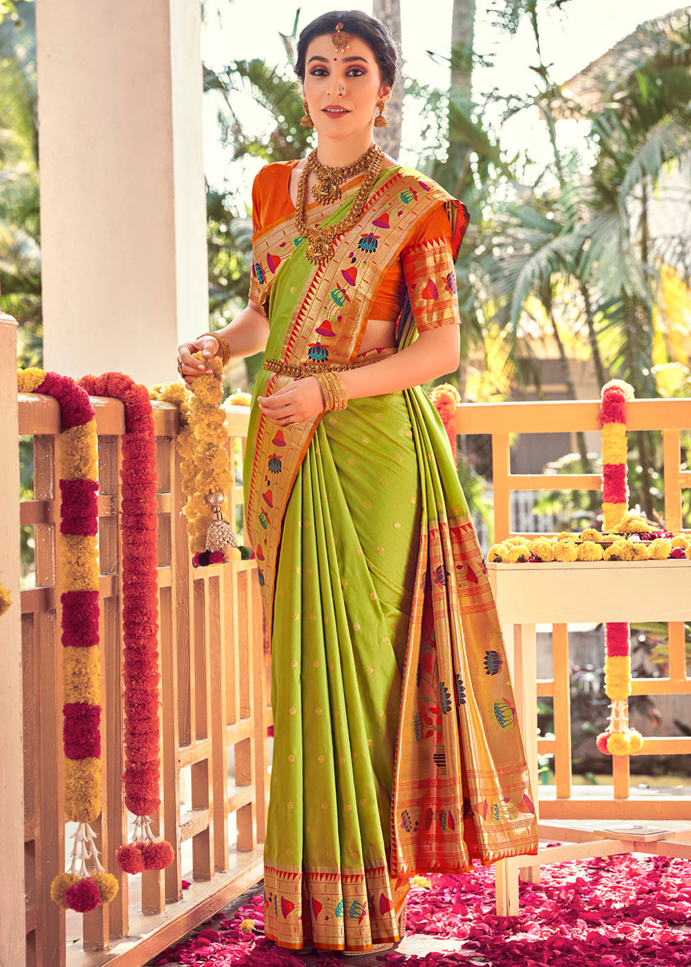 Buy MySilkLove Lemon Ginger Green Woven Paithani Silk Saree Online