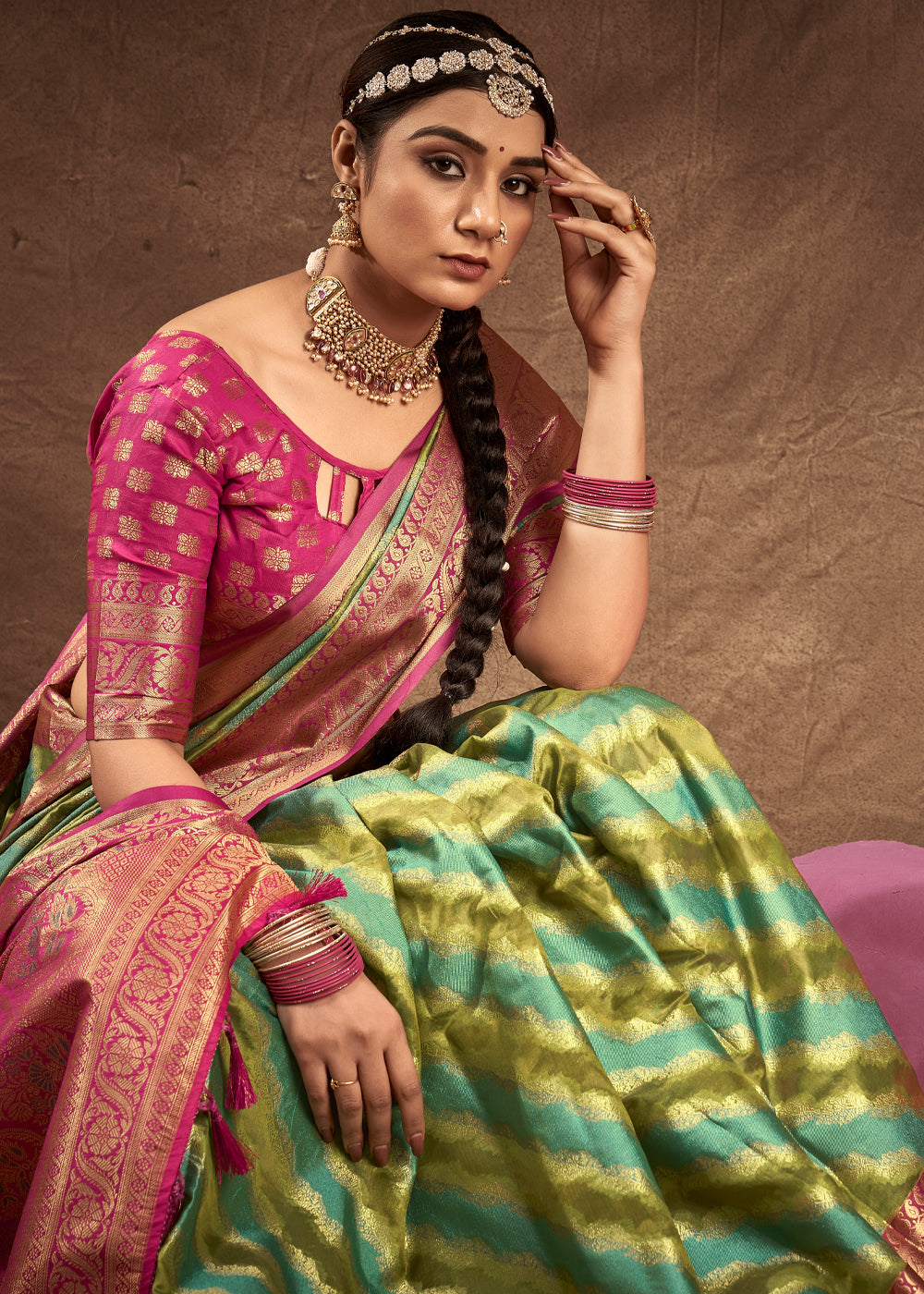 Buy MySilkLove Sycamore Green and Pink Woven Rangkath Banarasi Silk Saree Online