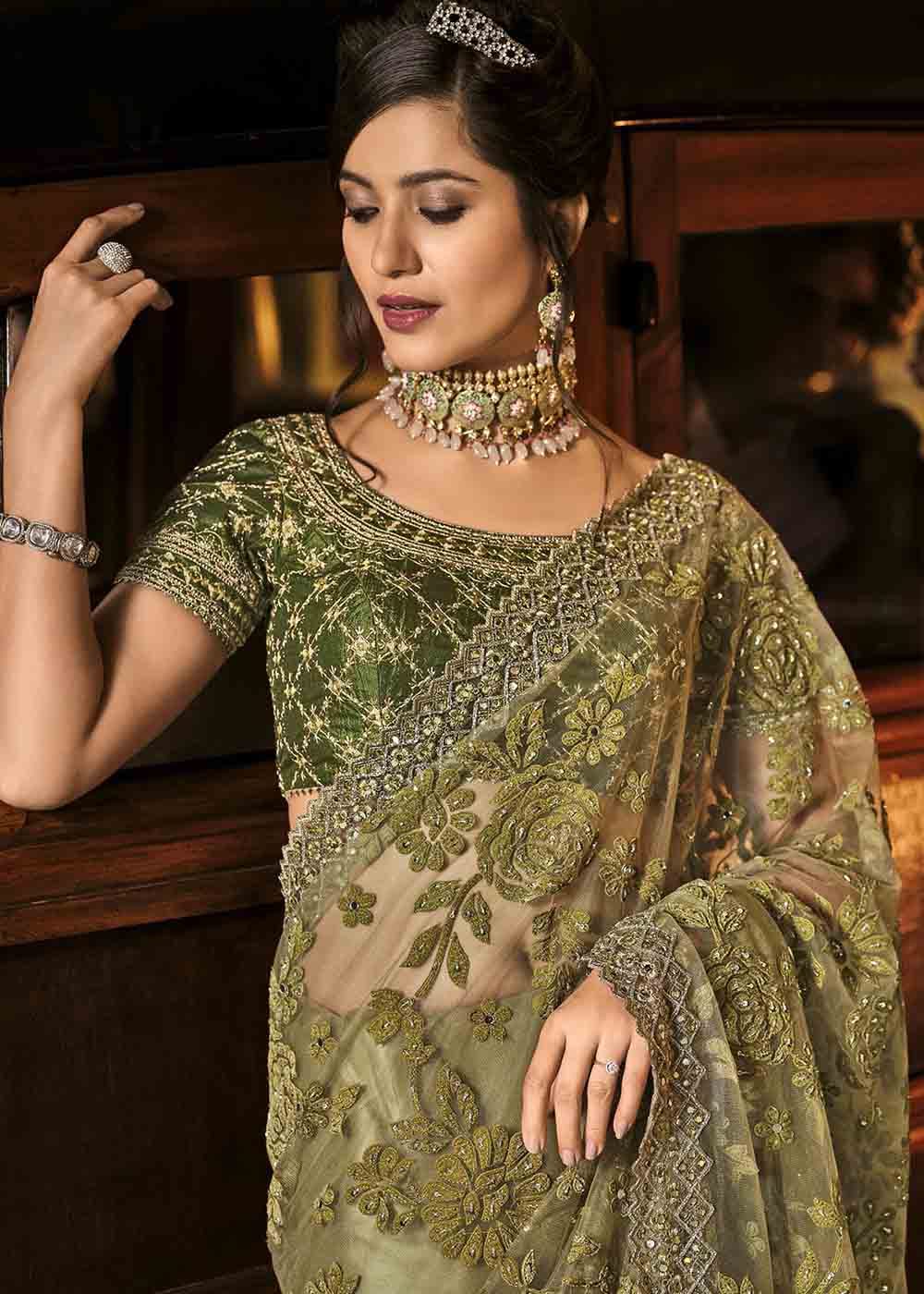 MySilkLove Teak Green Heavy Work Designer Net Saree