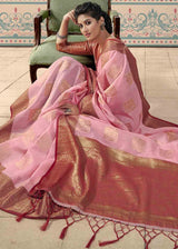 Shilo Pink and Red Zari Woven Linen Saree
