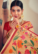 Apricot Cream Handloom Banarasi Paithani Fusion Saree