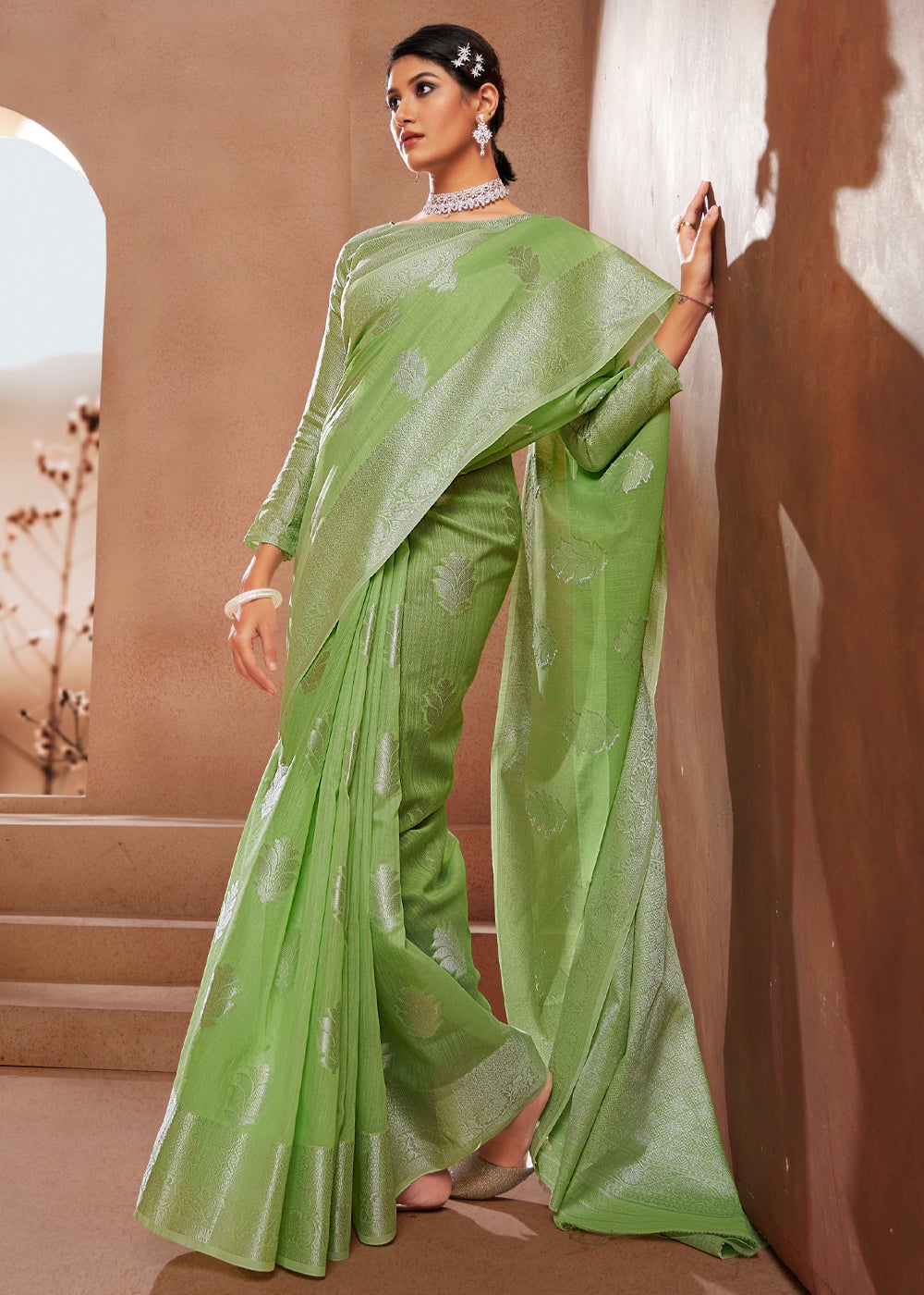 MySilkLove Chelsea Green Zari Woven Banarasi Linen Saree