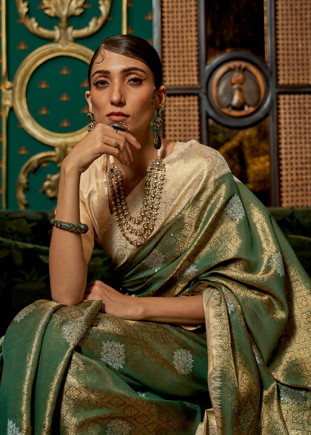 Buy MySilkLove Chalet Green Zari Woven Banarasi Tussar Saree Online