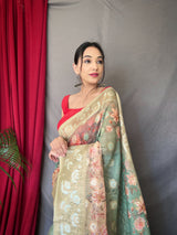 Misty Green Banarasi Dual Tone Floral Printed Silk Saree