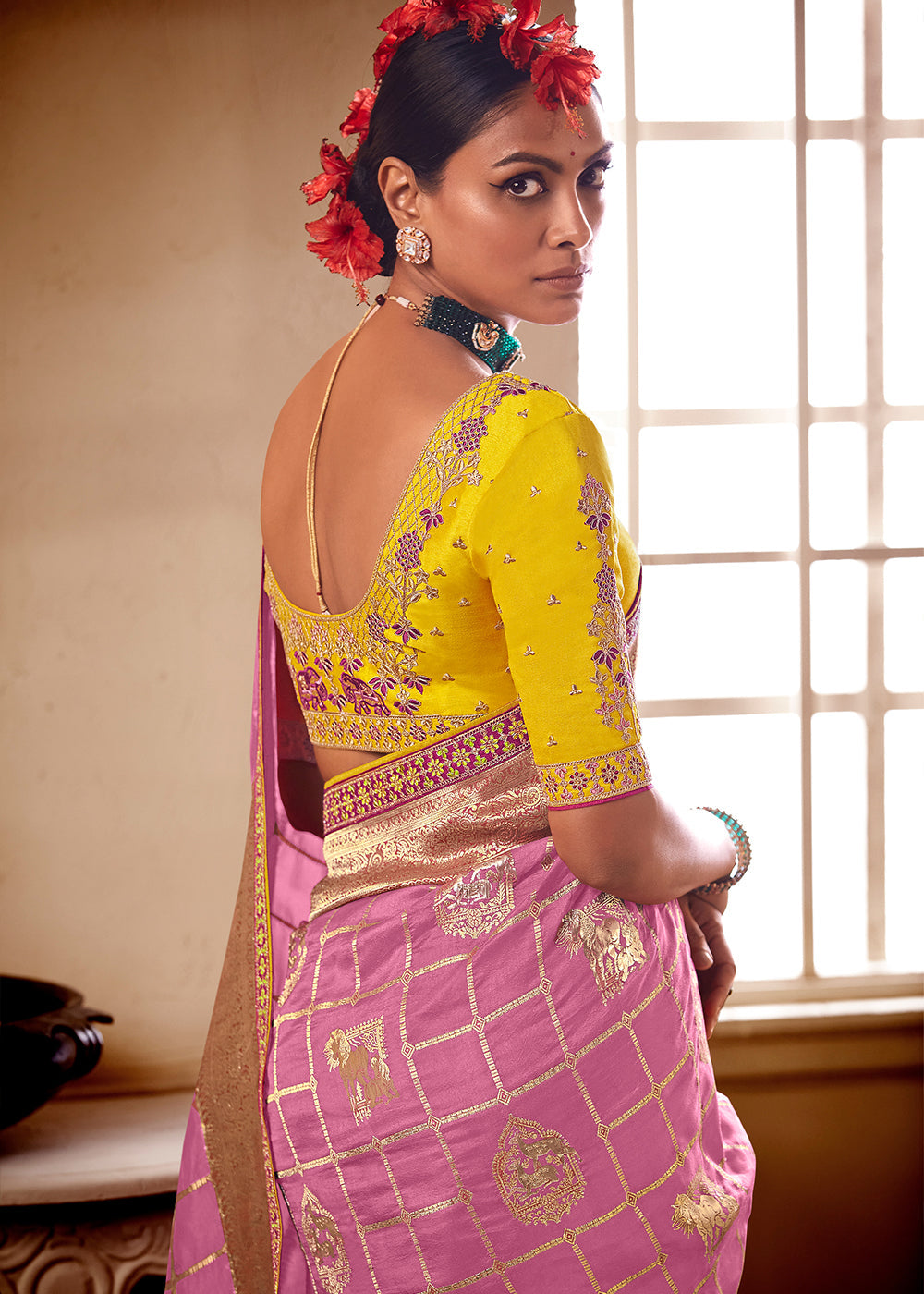 Buy MySilkLove Hopbush Pink and Yellow Banarasi Saree with Designer Blouse Online