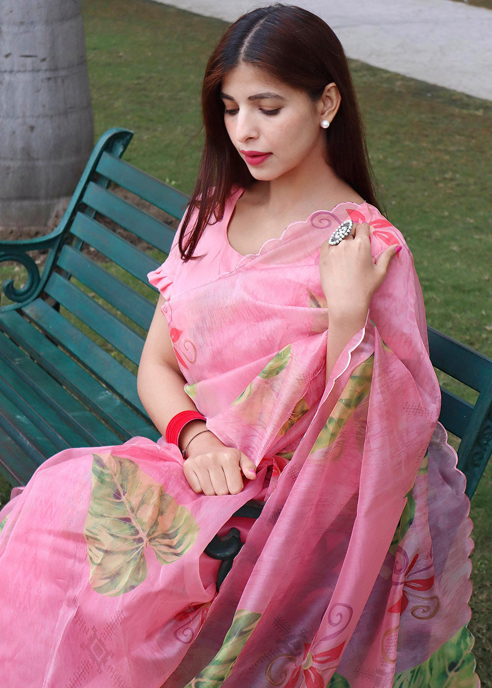 Buy MySilkLove Bubble Gum Pink Digital Floral Print Organza Saree Online