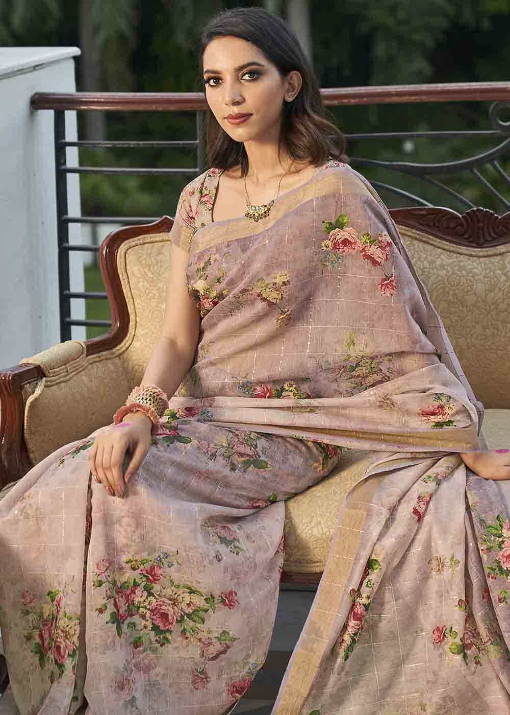 Buy MySilkLove Thatch Light Purple Digital Floral Printed Saree Online